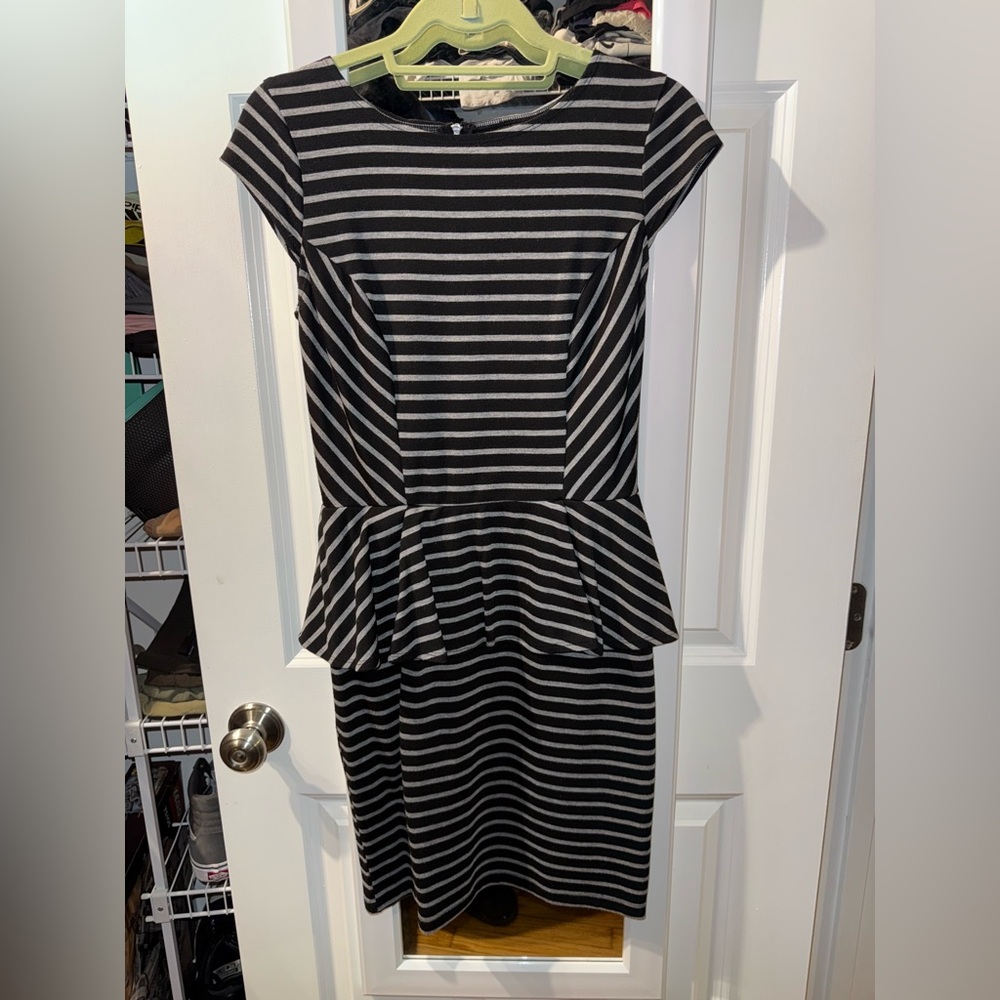 Mossimo Peplum Black and Gray Striped Midi Dress
